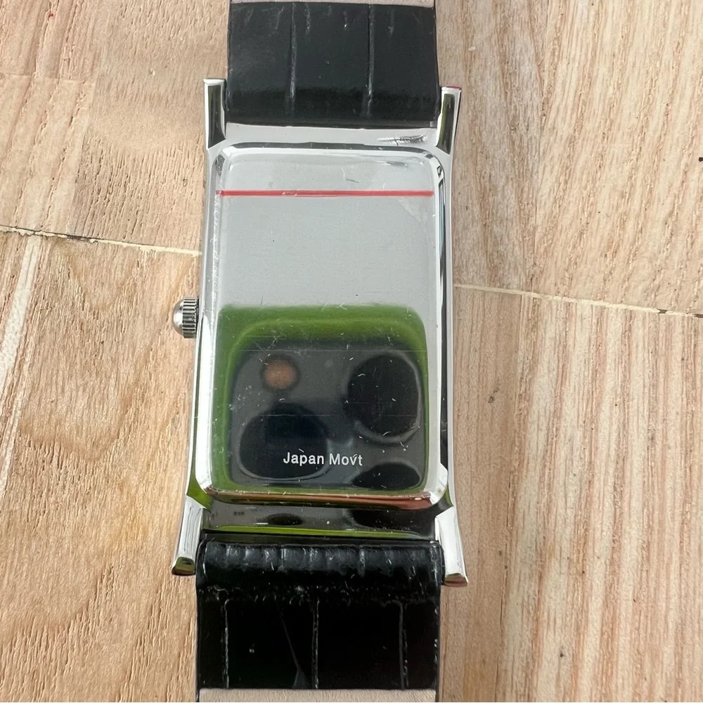 NIB Coldwater creek ladies rectangular silver tone black leather dress watch